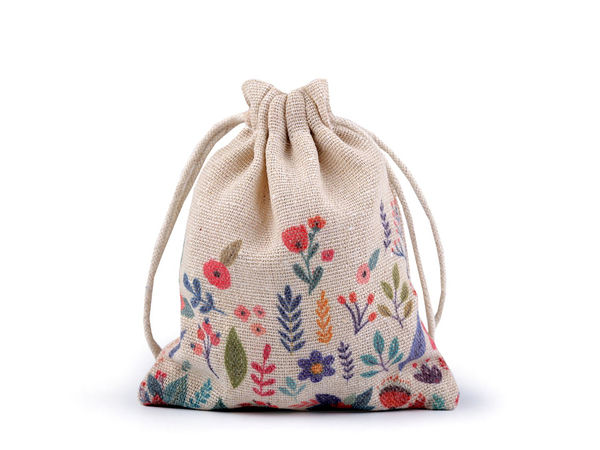 Săculeț premium din in cu imprimeu floral (10x13 cm) - Săculeț din iută cu șnur pentru lucru manual, mărturii și cadouri