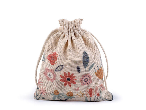 Săculeț premium din in cu imprimeu floral (10x13 cm) - Săculeț din iută cu șnur pentru lucru manual, mărturii și cadouri