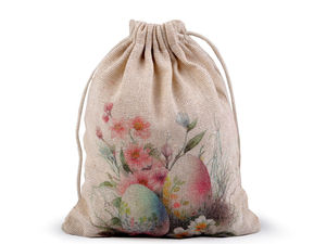 Săculeț premium de cadou din in cu șnur (13x18 cm) – Punguțe elegante cu imprimeu de Paște și primăvară