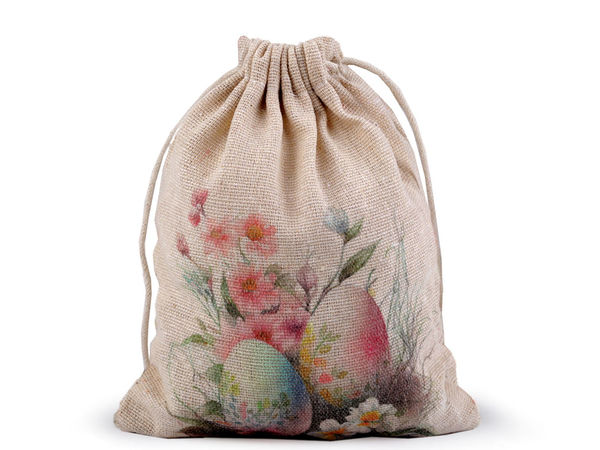 Săculeț premium de cadou din in cu șnur (13x18 cm) – Punguțe elegante cu imprimeu de Paște și primăvară