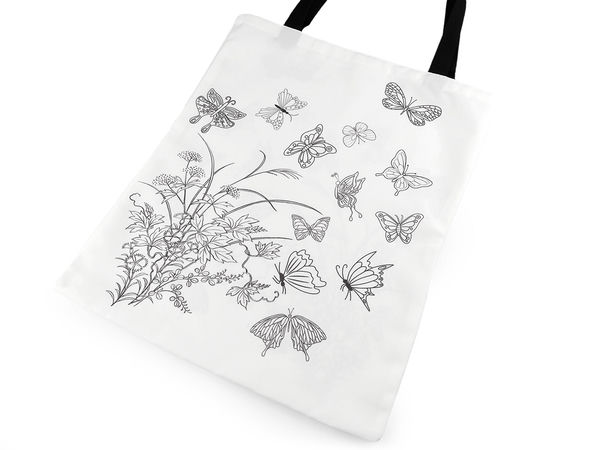 Sacoșă shopper textilă premium, ivoire, pentru proiecte creative (37x45 cm) - Imprimeu față-verso cu flori și fluturi