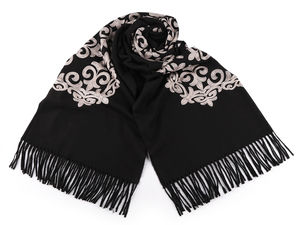 Șal eșarfă premium brodat din amestec de lână, cu franjuri - 70x185 cm