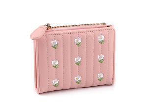 Portofel elegant de damă cu broderie florală - Portofel compact 9x12 cm cu spate matlasat, sloturi multiple pentru carduri și buzunare securizate cu fermoar