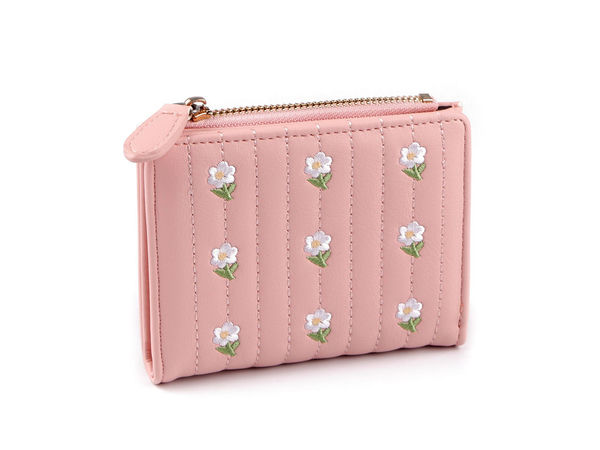 Portofel elegant de damă cu broderie florală - Portofel compact 9x12 cm cu spate matlasat, sloturi multiple pentru carduri și buzunare securizate cu fermoar