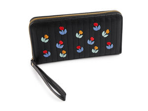 Portofel de damă cu broderie florală, fermoar de jur-împrejur și curea de mână (10 x 19 cm)