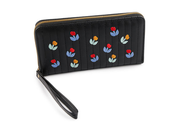 Portofel de damă cu broderie florală, fermoar de jur-împrejur și curea de mână (10 x 19 cm)