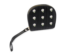 Portofel compact brodat cu motiv pisică și curea de mână - Portmoneu mic cu fermoar, compartimente pentru carduri și buzunar pentru monede, 10x11 cm