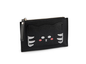 Portcard minimalist cu motiv pisică și portofel subțire cu fermoar (9 x 14 cm) - Suport compact cu compartimente multiple pentru carduri și buletin