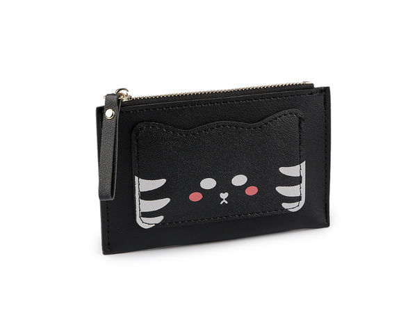 Portcard minimalist cu motiv pisică și portofel subțire cu fermoar (9 x 14 cm) - Suport compact cu compartimente multiple pentru carduri și buletin