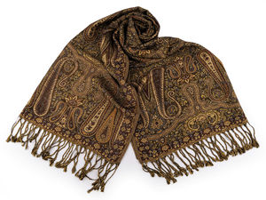 Șal și eșarfă premium cu două fețe și motiv paisley oriental - Etolă elegantă țesută cu franjuri, 70 x 180 cm