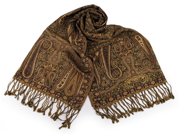 Șal și eșarfă premium cu două fețe și motiv paisley oriental - Etolă elegantă țesută cu franjuri, 70 x 180 cm