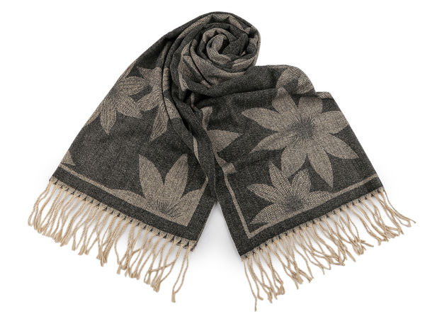 Eșarfă elegantă de iarnă reversibilă, cu model floral și franjuri răsuciți - Șal moale și călduros (70x185 cm)