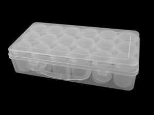 Cutie organizatoare premium transparentă pentru depozitare articole de galanterie și craft, cu 18 borcănașe cu filet și mâner de transport