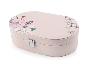 Cutie elegantă organizatoare pentru bijuterii cu imprimeu floral, oglindă și închizătoare metalică, bej deschis - 13,5 x 22,5 x 6,5 cm