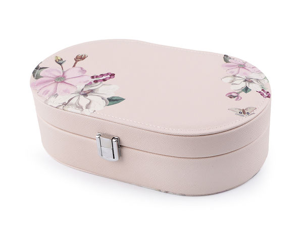 Cutie elegantă organizatoare pentru bijuterii cu imprimeu floral, oglindă și închizătoare metalică, bej deschis - 13,5 x 22,5 x 6,5 cm
