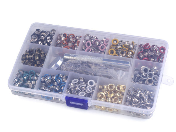 Kit premium pentru capse și ocheți cu 600 de piese multicolore (diametru interior 5 mm) - complet cu preducea și cutie pentru depozitare