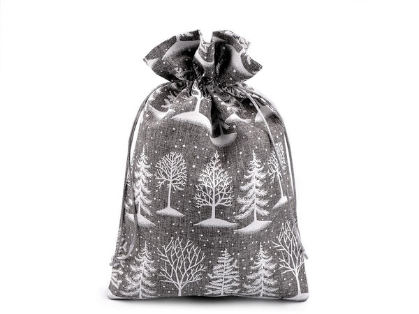 Săculeț cadou din imitație de iută cu imprimeu brazi de Crăciun și șnur – 20 x 30 cm