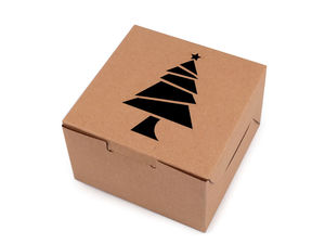 Cutie cadou de Crăciun din carton kraft natural cu fereastră festivă - Brad și Fulg de nea