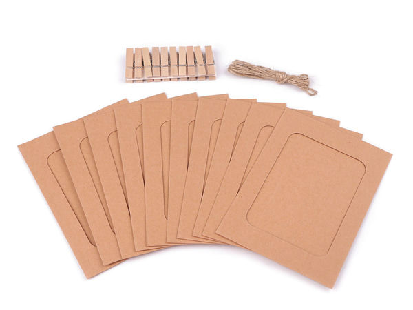 Set DIY rame foto din carton cu cleme din lemn și sfoară de iută (10 piese) - Suport suspendat pentru fotografii și cărți poștale