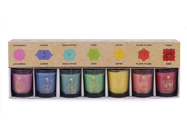 Set cadou premium de lumânări parfumate Chakra în recipiente de sticlă - Set de 7 piese pentru meditație și aromaterapie