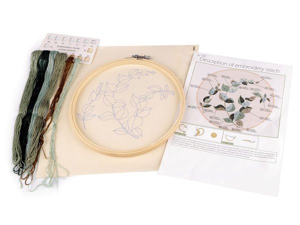 Set premium de broderie DIY cu model preimprimat și gherghef din bambus - Motiv plante botanice și ierburi