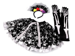 Set costum de Halloween cu schelet pentru copii - 3 piese: fustă din tul negru, bentiță din dantelă cu flori și mănuși lungi