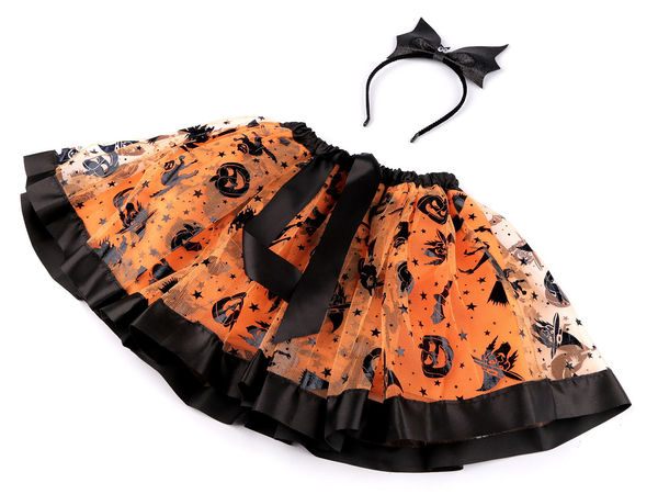 Set costum de vrăjitoare pentru copii, de Halloween și carnaval - Fustă din tulle în două straturi cu imprimeu și bentiță cu liliac (Portocaliu)