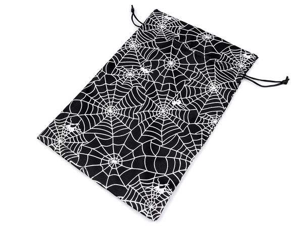 Săculeț premium din satin pentru cadouri de Halloween, cu model pânză de păianjen și șnur dublu - 20 x 31 cm