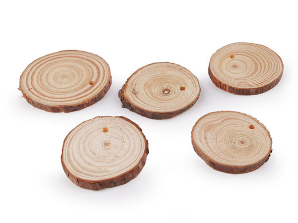 Felii din lemn natural neprelucrat cu orificiu pentru agățat - Medalioane premium cu coajă pe margini pentru proiecte DIY, pictură și decoupage (Set de 5 bucăți)
