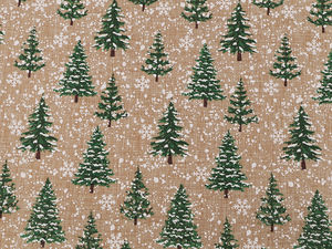 Material textil decorativ de Crăciun din iută naturală - Imprimeu cu brazi înzăpeziți și sclipici strălucitor
