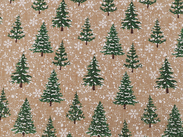 Material textil decorativ de Crăciun din iută naturală - Imprimeu cu brazi înzăpeziți și sclipici strălucitor