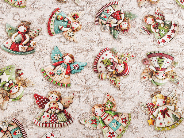 Țesătură premium de Crăciun cu imprimeu cu îngerași - Țesătură Half Panama pentru decorațiuni festive, fețe de masă și perne decorative