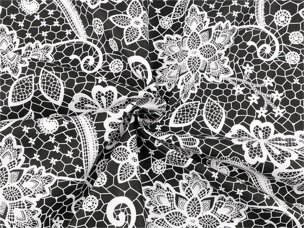 Țesătură premium din bumbac canvas cu motiv din dantelă neagră - Material pentru proiecte creative și decorațiuni interioare