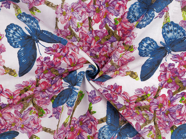 Pânză canvas din bumbac premium cu imprimeu floral și fluturi - Lățime 220 cm, Alb