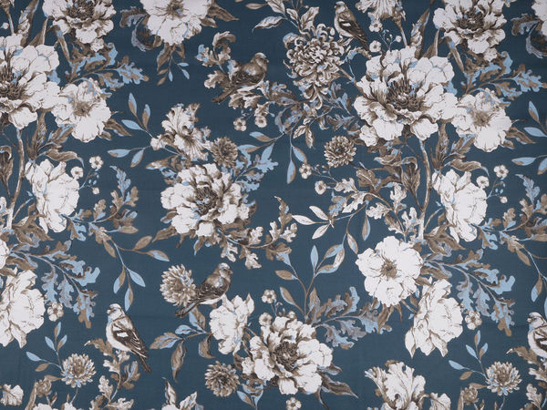 Țesătură Canvas Premium din Amestec de Bumbac și In - Motiv Floral Botanic Albastru Închis