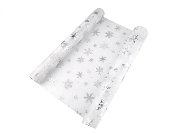 Rolă premium din organza cu fulgi de zăpadă pentru Crăciun - Țesătură fină metalizată cu lățime de 50 cm pentru decorațiuni festive, traverse de masă și coronițe