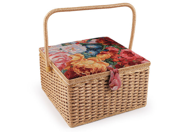 Coș de cusut tapițat premium, model mare, cu capac floral tip tapiserie și buzunar de depozitare