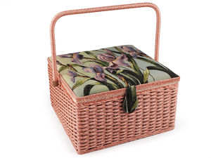 Coș de cusut tapițat premium, model mare, cu capac floral tip tapiserie și buzunar de depozitare
