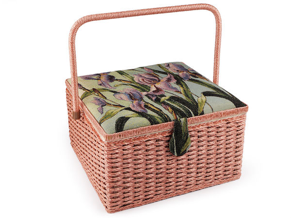 Coș de cusut tapițat premium, model mare, cu capac floral tip tapiserie și buzunar de depozitare