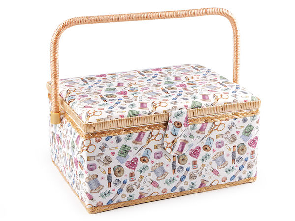 Coș mare de cusut tapițat cu motive de croitorie – Cutie organizatoare premium pentru accesorii de cusut, cu mâner, închidere magnetică, pernuță pentru ace și buzunar