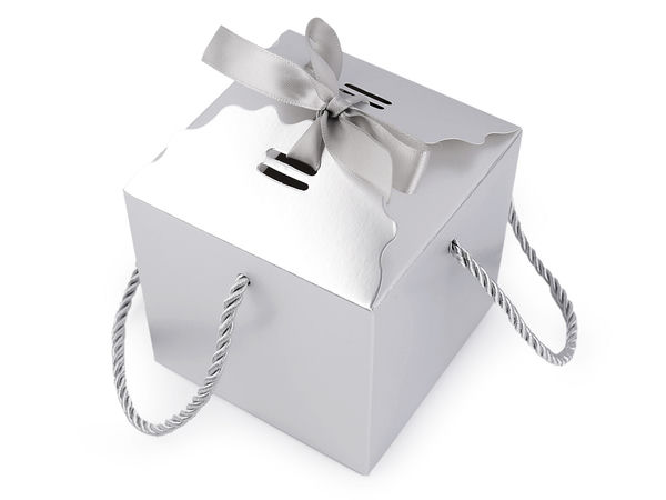 Cutie cadou premium metalizată cu panglică de satin și mânere din șnur răsucit