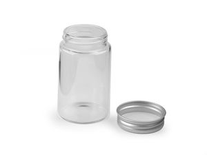 Recipient premium din sticlă transparentă cu capac metalic filetat, etanș (110ml, 47x80 mm)