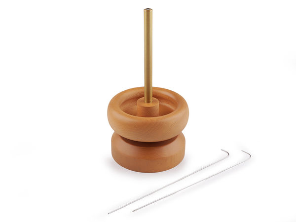 Dispozitiv premium din lemn pentru înșirat mărgele - Dispozitiv rotativ cu 2 ace curbate (Ø 9 cm și 10 cm)