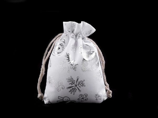Săculeț cadou premium de Crăciun, din bumbac și in alb, cu imprimeu metalizat și șnur, 9x11 cm