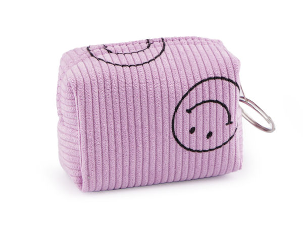 Mini portofel din catifea raiată pentru monede și breloc cu față zâmbitoare – etui compact pentru accesorii