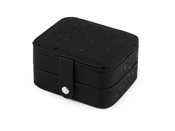 Cutie mică de bijuterii premium cu două niveluri și imprimeu cu inimi și fundițe - Organizator compact de călătorie cu oglindă și fermoar (9 x 11 x 6 cm)