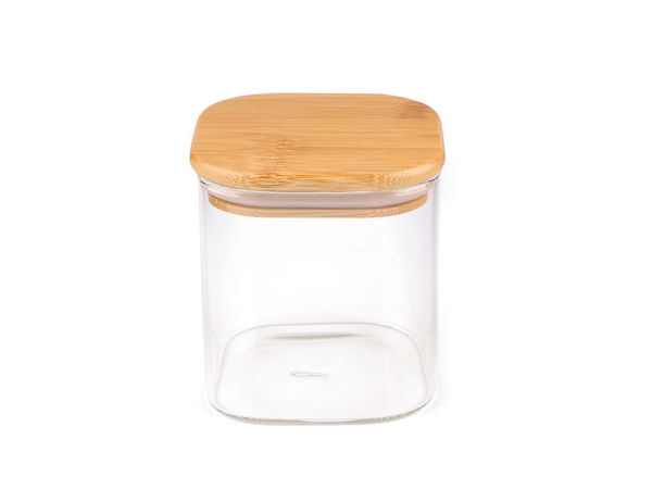 Borcan de depozitare pătrat din sticlă borosilicată premium cu capac ermetic din bambus - Transparent