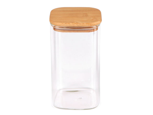 Borcan pătrat premium pentru depozitare din sticlă borosilicată cu capac ermetic din bambus ecologic