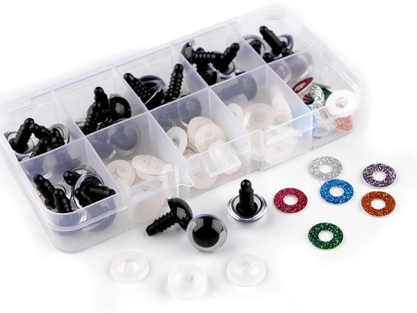 Set de ochi de siguranță negri cu sclipici și șaibe pentru confecționarea de păpuși și jucării (14 mm și 16 mm)