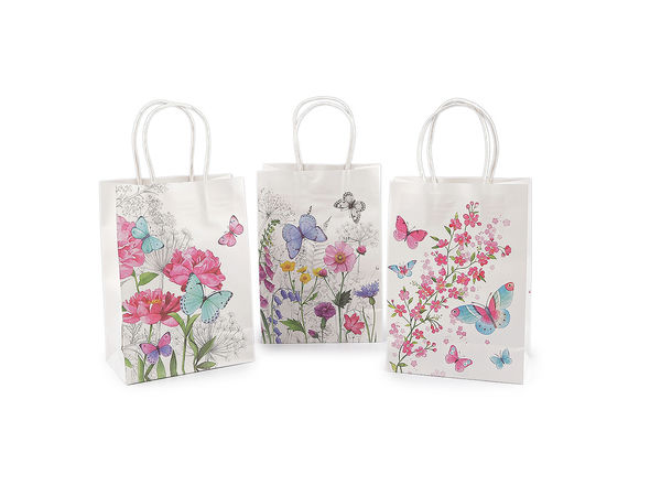 Pungi cadou din hârtie cu flori și fluturi, cu mânere răsucite - Set premium de ambalaje asortate pentru zile de naștere, nunți și magazine boutique
